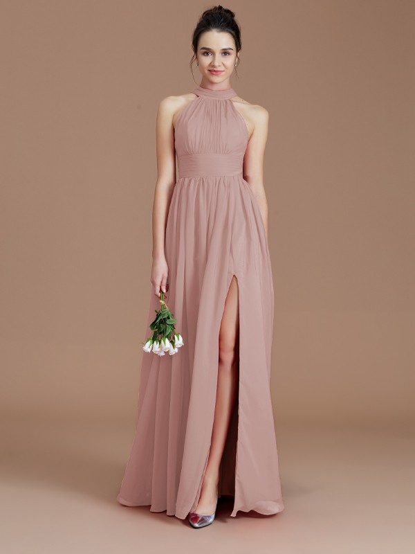 A-Line/Princess Halter Sleeveless Ruched Floor-Length Chiffon Bridesmaid Dresses 2304