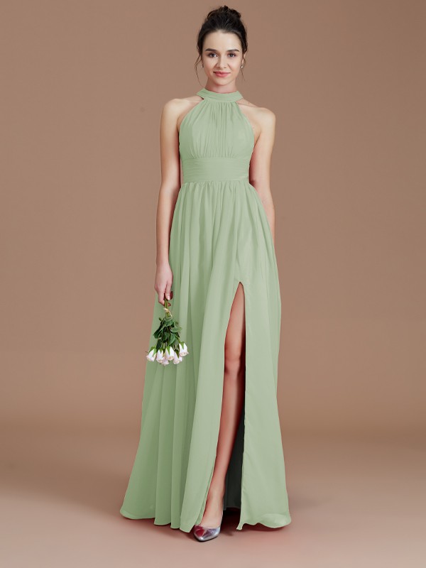 A-Line/Princess Halter Sleeveless Ruched Floor-Length Chiffon Bridesmaid Dresses 2304