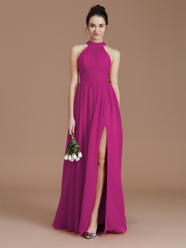 A-Line/Princess Halter Sleeveless Ruched Floor-Length Chiffon Bridesmaid Dresses 2304