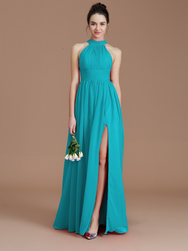 A-Line/Princess Halter Sleeveless Ruched Floor-Length Chiffon Bridesmaid Dresses 2304