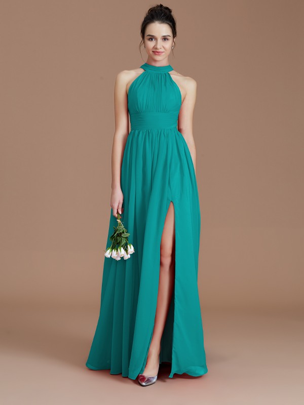 A-Line/Princess Halter Sleeveless Ruched Floor-Length Chiffon Bridesmaid Dresses 2304