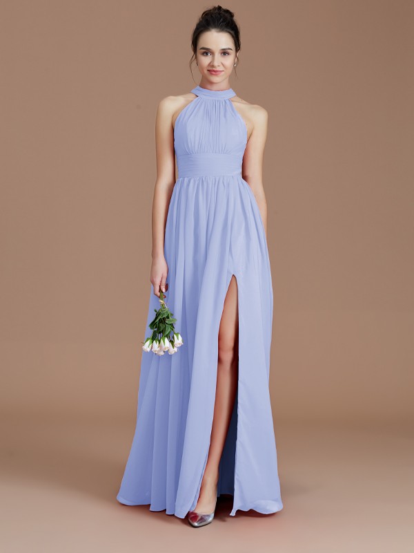 A-Line/Princess Halter Sleeveless Ruched Floor-Length Chiffon Bridesmaid Dresses 2304