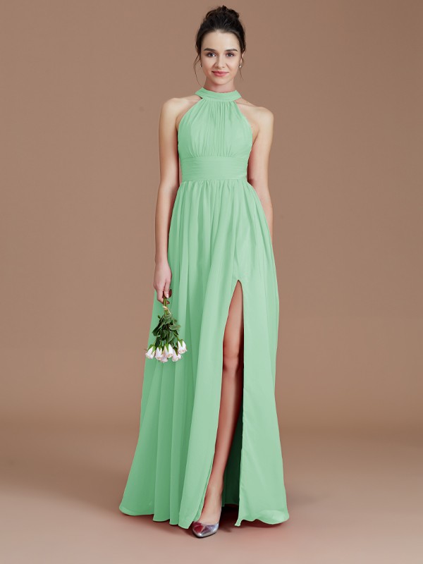 A-Line/Princess Halter Sleeveless Ruched Floor-Length Chiffon Bridesmaid Dresses 2304