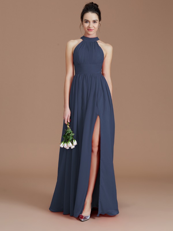 A-Line/Princess Halter Sleeveless Ruched Floor-Length Chiffon Bridesmaid Dresses 2304