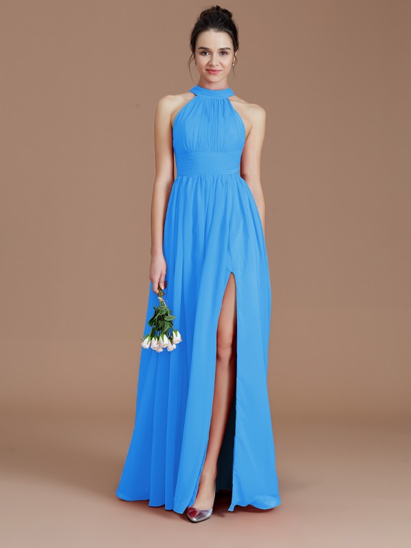 A-Line/Princess Halter Sleeveless Ruched Floor-Length Chiffon Bridesmaid Dresses 2304