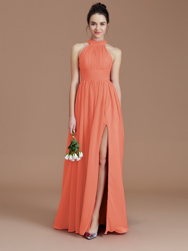 A-Line/Princess Halter Sleeveless Ruched Floor-Length Chiffon Bridesmaid Dresses 2304