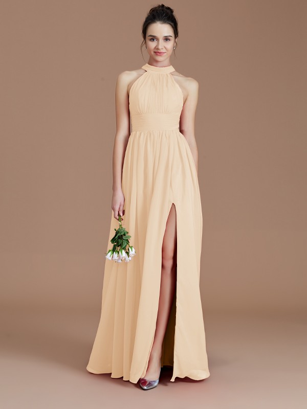 A-Line/Princess Halter Sleeveless Ruched Floor-Length Chiffon Bridesmaid Dresses 2304