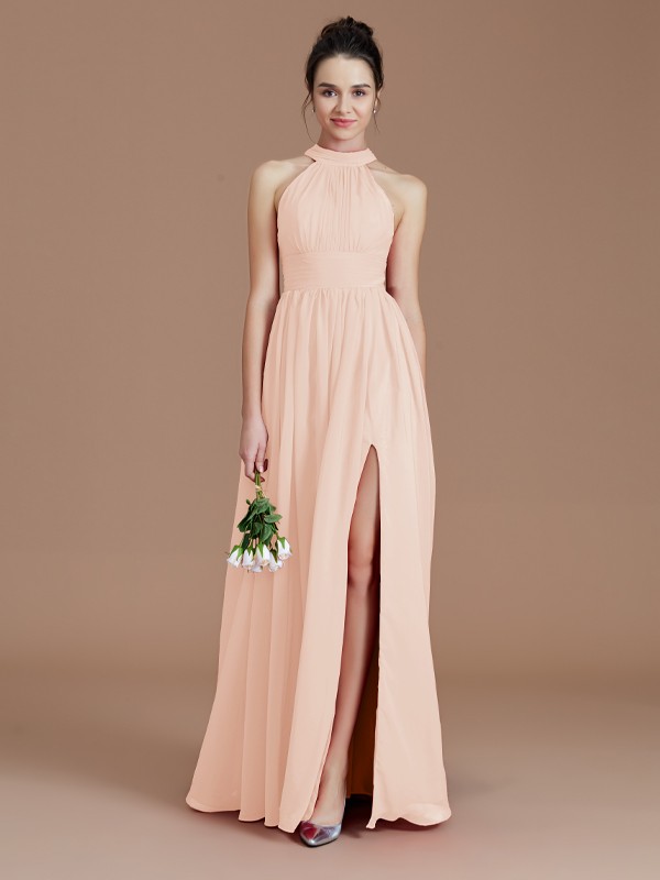 A-Line/Princess Halter Sleeveless Ruched Floor-Length Chiffon Bridesmaid Dresses 2304