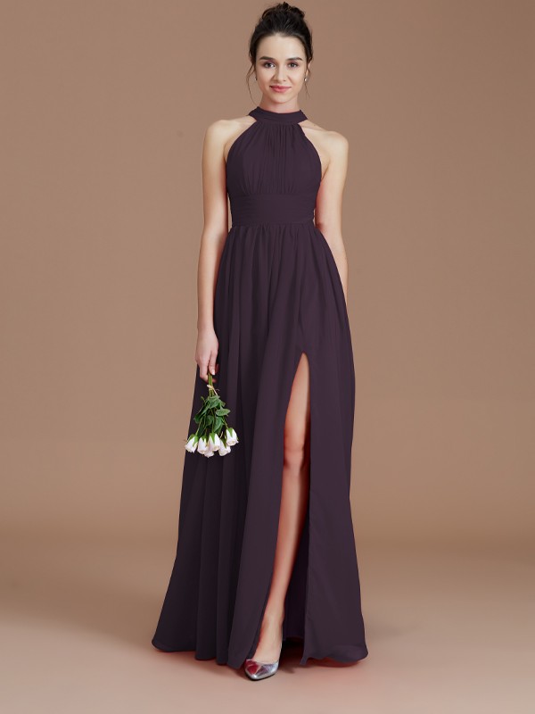 A-Line/Princess Halter Sleeveless Ruched Floor-Length Chiffon Bridesmaid Dresses 2304