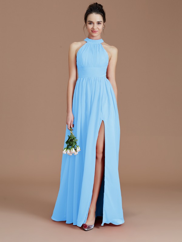 A-Line/Princess Halter Sleeveless Ruched Floor-Length Chiffon Bridesmaid Dresses 2304