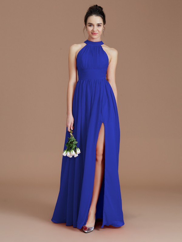 A-Line/Princess Halter Sleeveless Ruched Floor-Length Chiffon Bridesmaid Dresses 2304