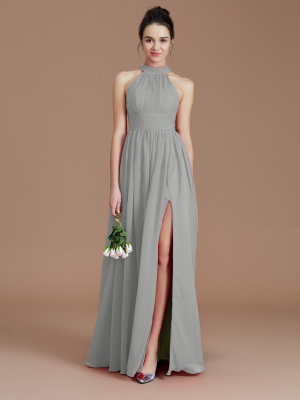 A-Line/Princess Halter Sleeveless Ruched Floor-Length Chiffon Bridesmaid Dresses 2304