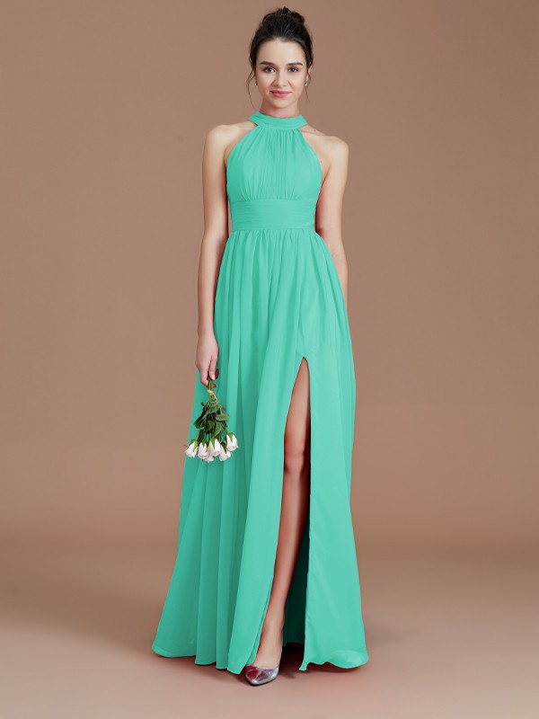 A-Line/Princess Halter Sleeveless Ruched Floor-Length Chiffon Bridesmaid Dresses 2304