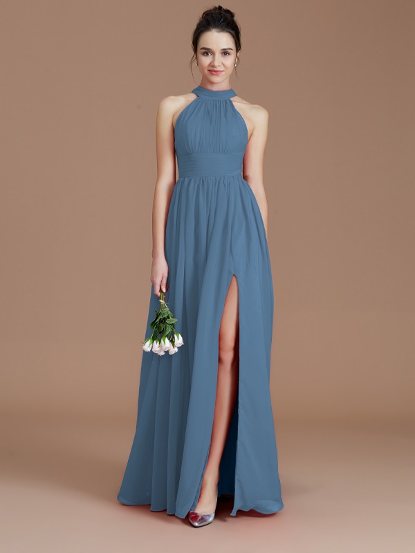 A-Line/Princess Halter Sleeveless Ruched Floor-Length Chiffon Bridesmaid Dresses 2304