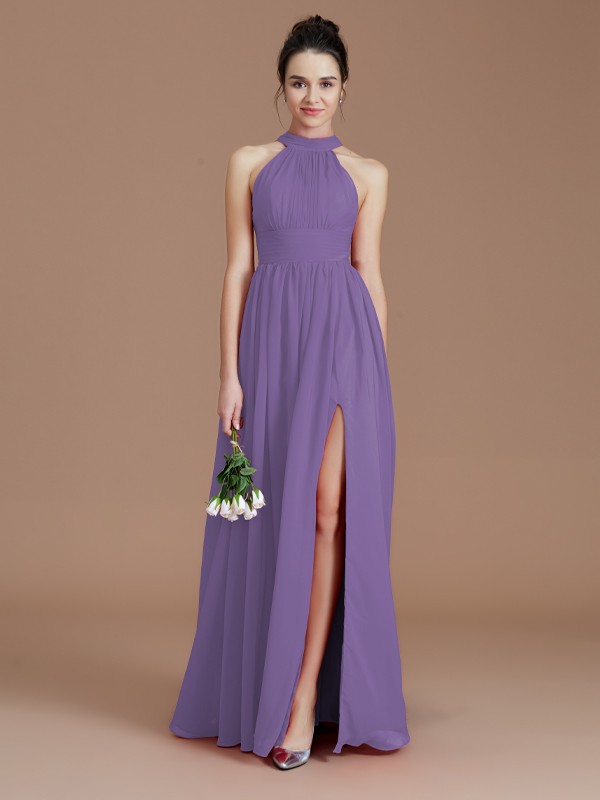 A-Line/Princess Halter Sleeveless Ruched Floor-Length Chiffon Bridesmaid Dresses 2304