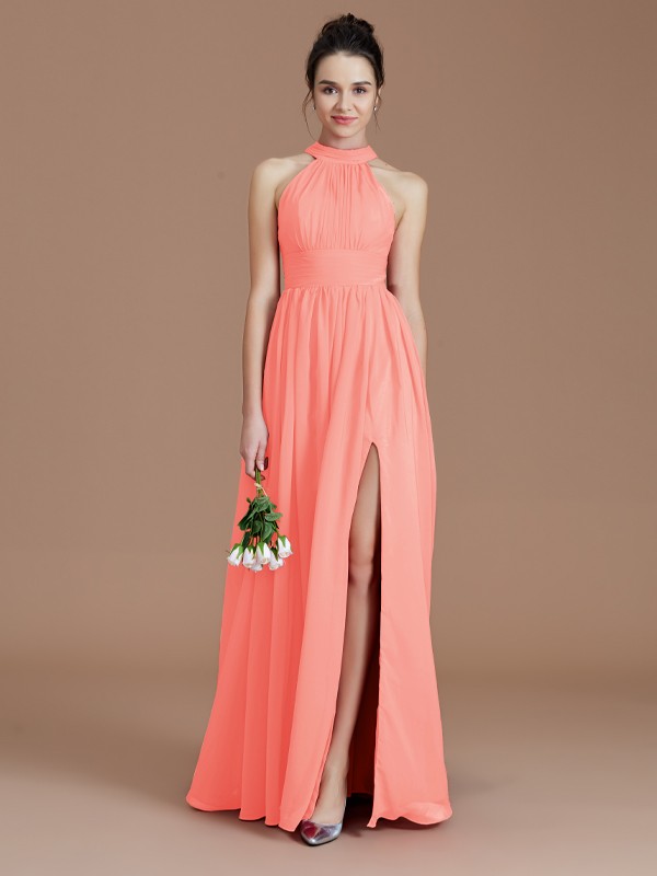 A-Line/Princess Halter Sleeveless Ruched Floor-Length Chiffon Bridesmaid Dresses 2304