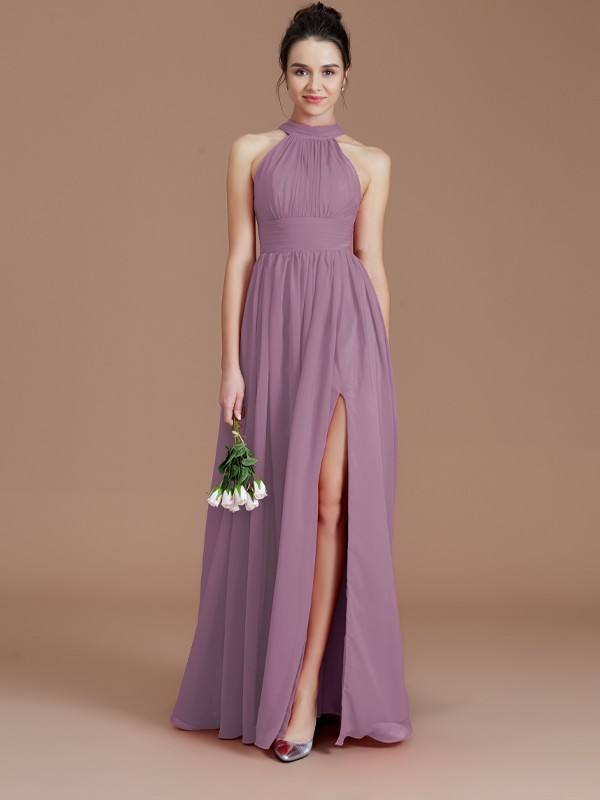 A-Line/Princess Halter Sleeveless Ruched Floor-Length Chiffon Bridesmaid Dresses 2304