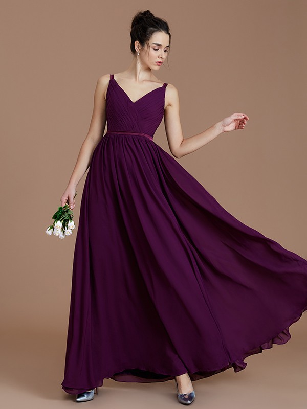 A-Line/Princess V-neck Sleeveless Ruched Floor-Length Chiffon Bridesmaid Dresses 2850