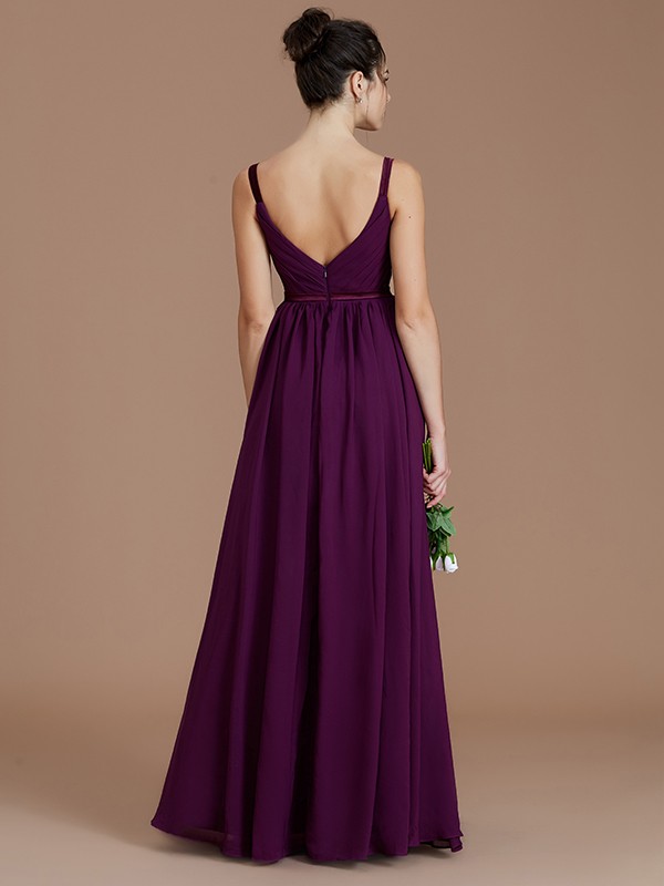 A-Line/Princess V-neck Sleeveless Ruched Floor-Length Chiffon Bridesmaid Dresses 2850