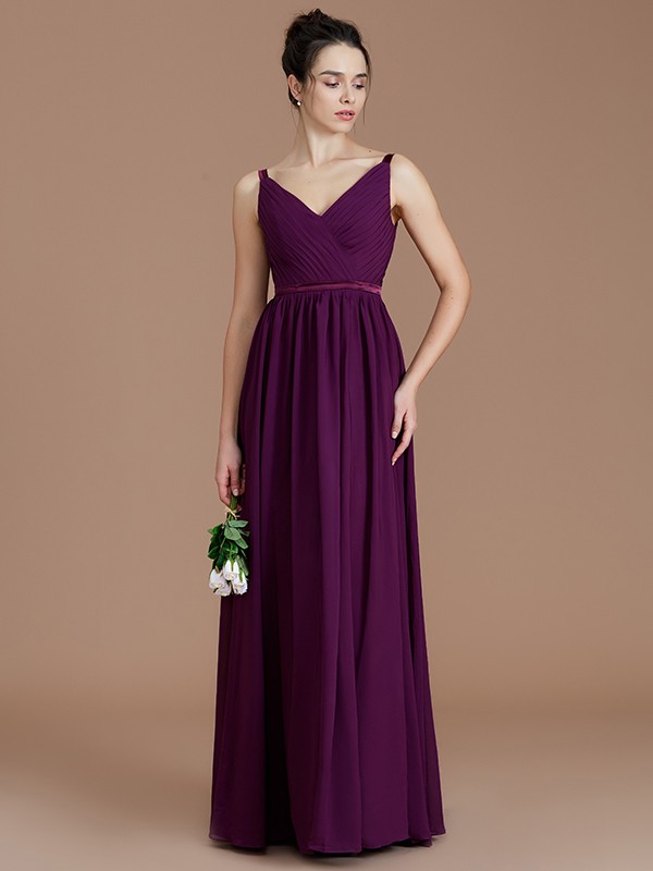 A-Line/Princess V-neck Sleeveless Ruched Floor-Length Chiffon Bridesmaid Dresses 2850