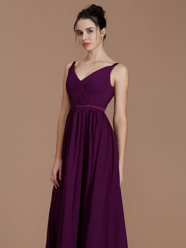 A-Line/Princess V-neck Sleeveless Ruched Floor-Length Chiffon Bridesmaid Dresses 2850