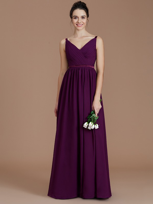 A-Line/Princess V-neck Sleeveless Ruched Floor-Length Chiffon Bridesmaid Dresses 2850