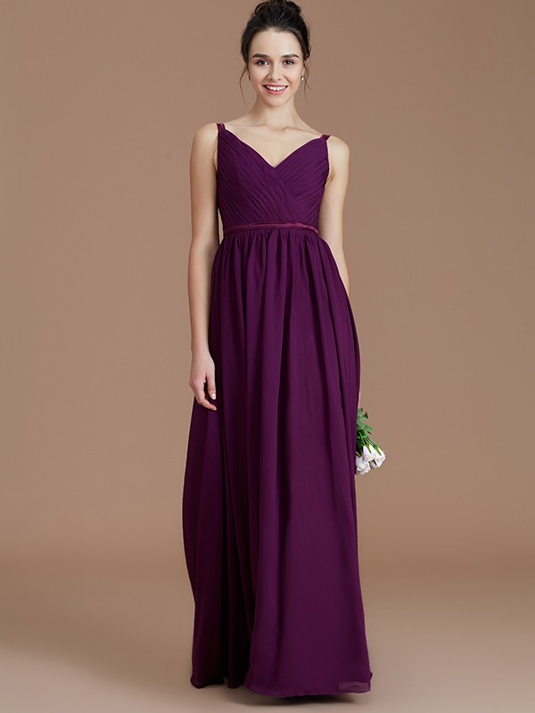 A-Line/Princess V-neck Sleeveless Ruched Floor-Length Chiffon Bridesmaid Dresses 2850