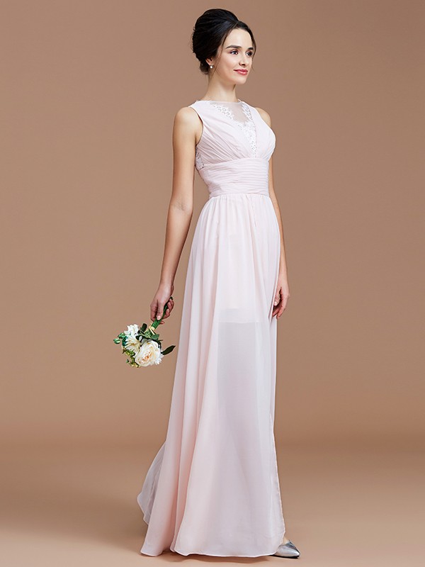 A-Line/Princess Jewel Sleeveless Ruched Floor-Length Chiffon Bridesmaid Dresses 2341