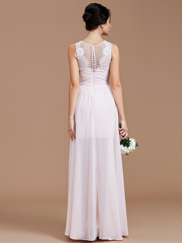 A-Line/Princess Jewel Sleeveless Ruched Floor-Length Chiffon Bridesmaid Dresses 2341