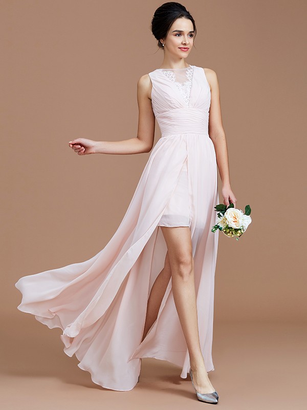 A-Line/Princess Jewel Sleeveless Ruched Floor-Length Chiffon Bridesmaid Dresses 2341