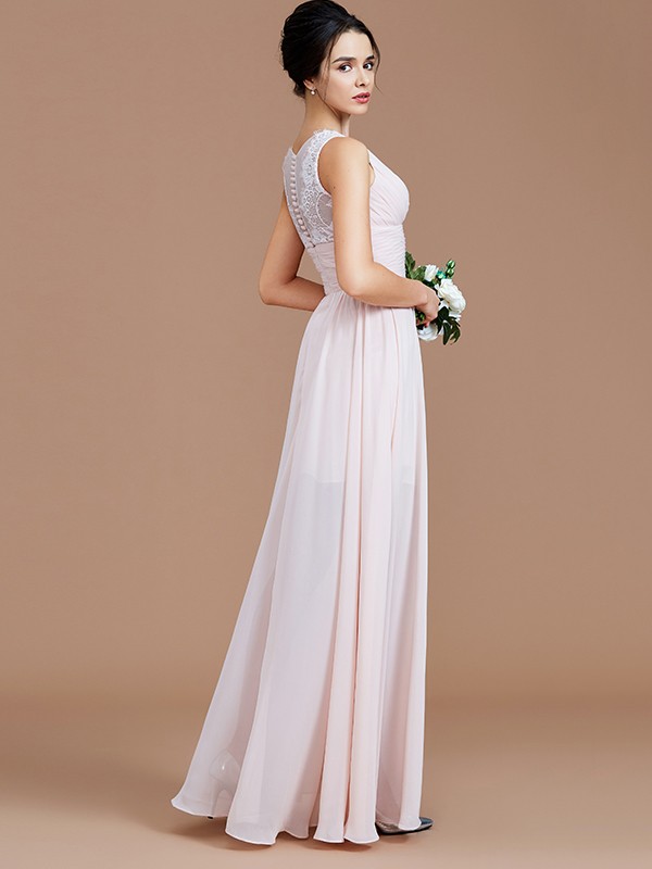 A-Line/Princess Jewel Sleeveless Ruched Floor-Length Chiffon Bridesmaid Dresses 2341