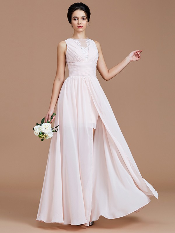 A-Line/Princess Jewel Sleeveless Ruched Floor-Length Chiffon Bridesmaid Dresses 2341