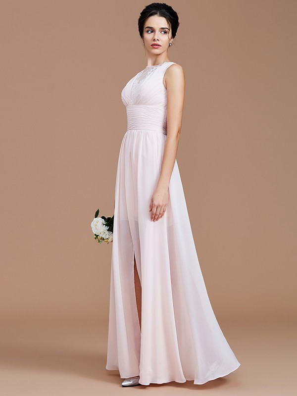 A-Line/Princess Jewel Sleeveless Ruched Floor-Length Chiffon Bridesmaid Dresses 2341