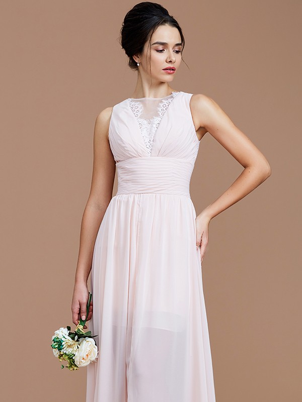 A-Line/Princess Jewel Sleeveless Ruched Floor-Length Chiffon Bridesmaid Dresses 2341