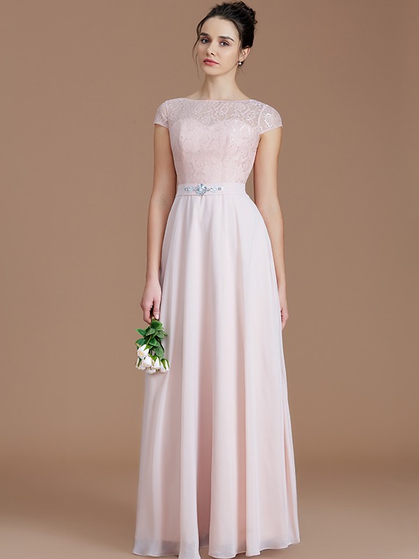 A-Line/Princess Bateau Sleeveless Lace Floor-Length Chiffon Bridesmaid Dresses 2111