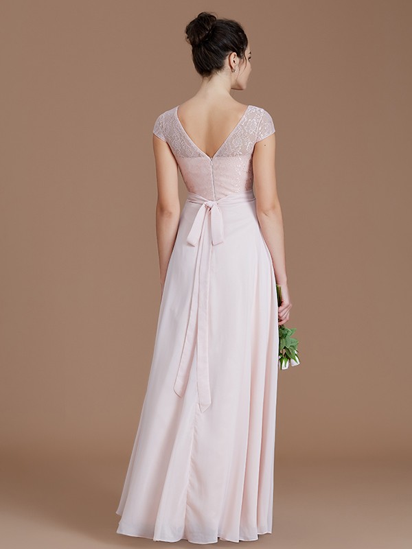 A-Line/Princess Bateau Sleeveless Lace Floor-Length Chiffon Bridesmaid Dresses 2111