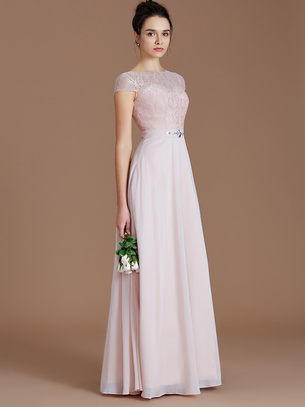 A-Line/Princess Bateau Sleeveless Lace Floor-Length Chiffon Bridesmaid Dresses 2111