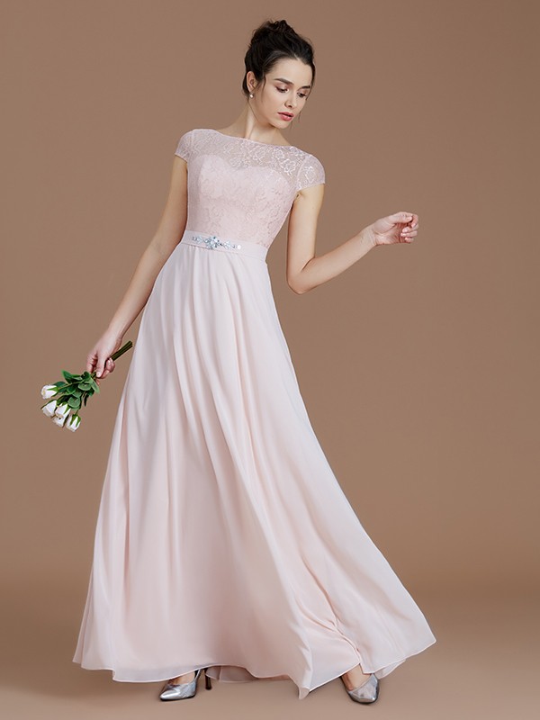 A-Line/Princess Bateau Sleeveless Lace Floor-Length Chiffon Bridesmaid Dresses 2111