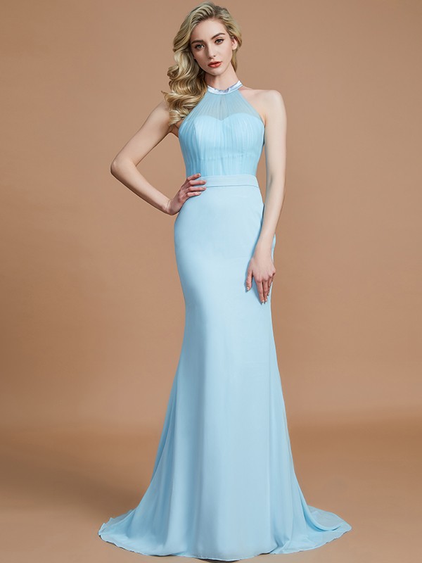 Trumpet/Mermaid Sleeveless Scoop Sweep/Brush Train Chiffon Bridesmaid Dresses 3274