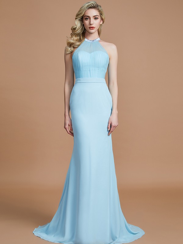 Trumpet/Mermaid Sleeveless Scoop Sweep/Brush Train Chiffon Bridesmaid Dresses 3274