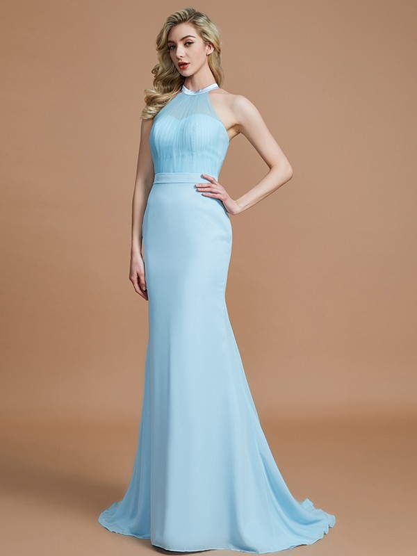 Trumpet/Mermaid Sleeveless Scoop Sweep/Brush Train Chiffon Bridesmaid Dresses 3274