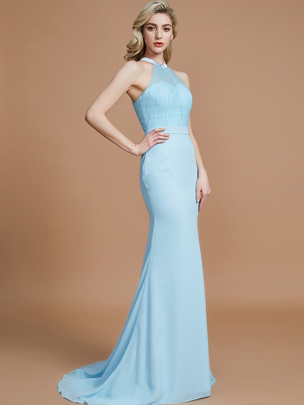 Trumpet/Mermaid Sleeveless Scoop Sweep/Brush Train Chiffon Bridesmaid Dresses 3274