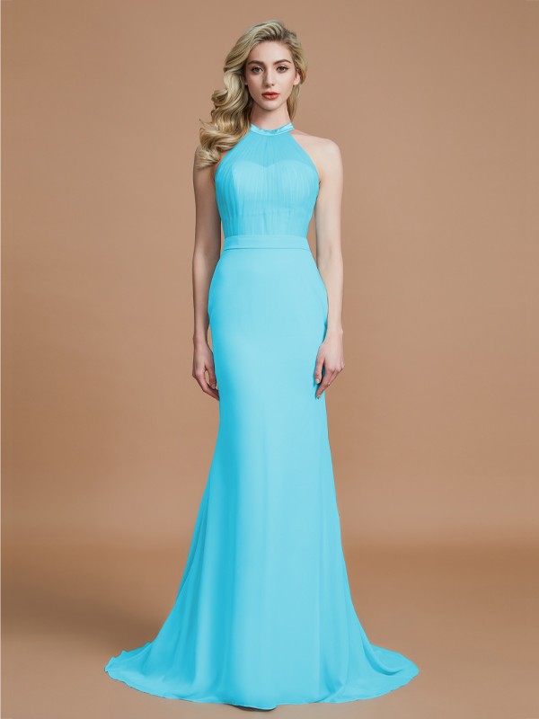 Trumpet/Mermaid Sleeveless Scoop Sweep/Brush Train Chiffon Bridesmaid Dresses 3274