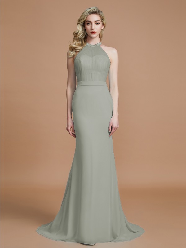 Trumpet/Mermaid Sleeveless Scoop Sweep/Brush Train Chiffon Bridesmaid Dresses 3274