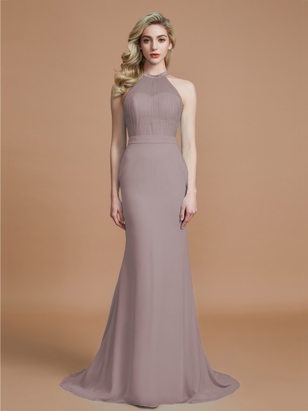 Trumpet/Mermaid Sleeveless Scoop Sweep/Brush Train Chiffon Bridesmaid Dresses 3274