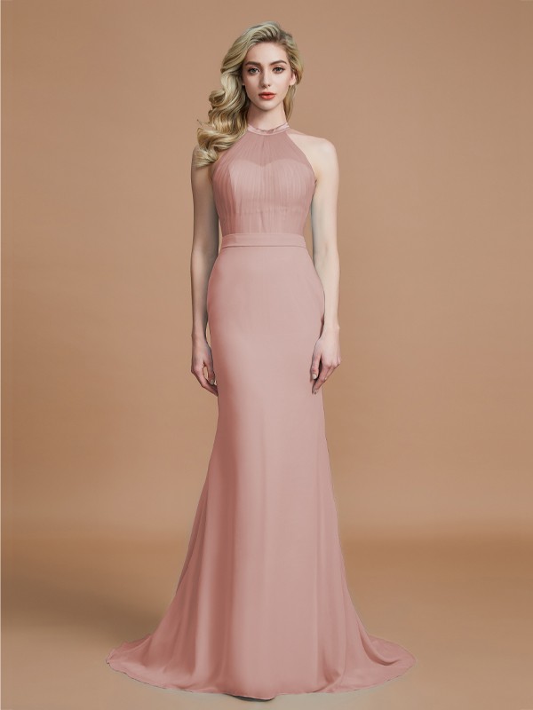 Trumpet/Mermaid Sleeveless Scoop Sweep/Brush Train Chiffon Bridesmaid Dresses 3274