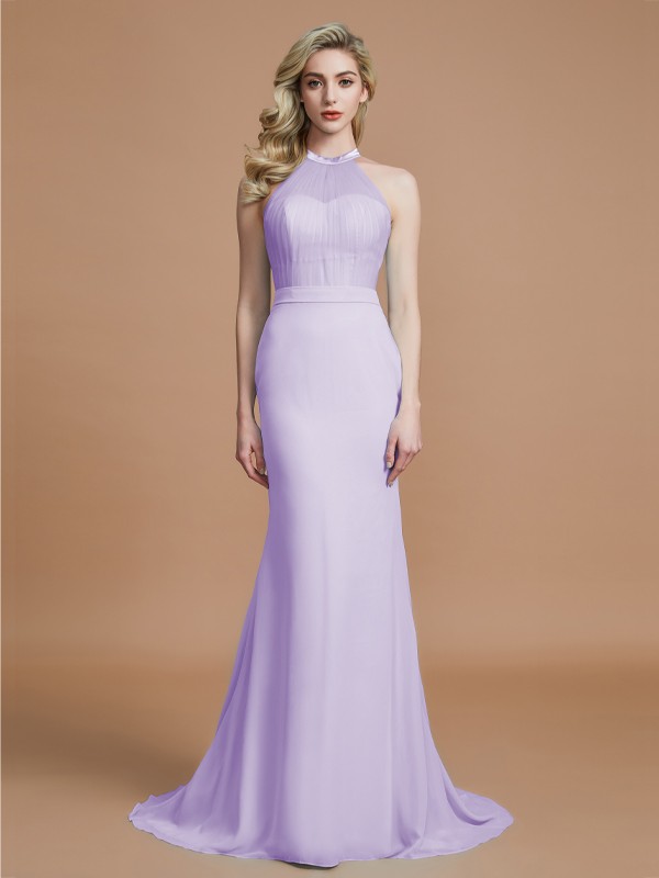 Trumpet/Mermaid Sleeveless Scoop Sweep/Brush Train Chiffon Bridesmaid Dresses 3274