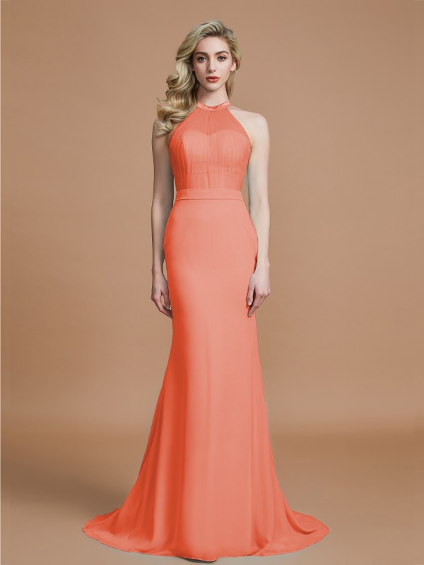 Trumpet/Mermaid Sleeveless Scoop Sweep/Brush Train Chiffon Bridesmaid Dresses 3274