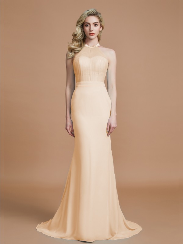 Trumpet/Mermaid Sleeveless Scoop Sweep/Brush Train Chiffon Bridesmaid Dresses 3274