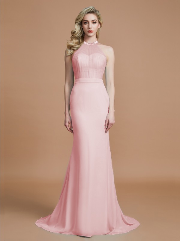 Trumpet/Mermaid Sleeveless Scoop Sweep/Brush Train Chiffon Bridesmaid Dresses 3274